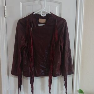 Cleobella Everly Fringe Moto Leather Suede Jacket Size Medium Burgundy Boho